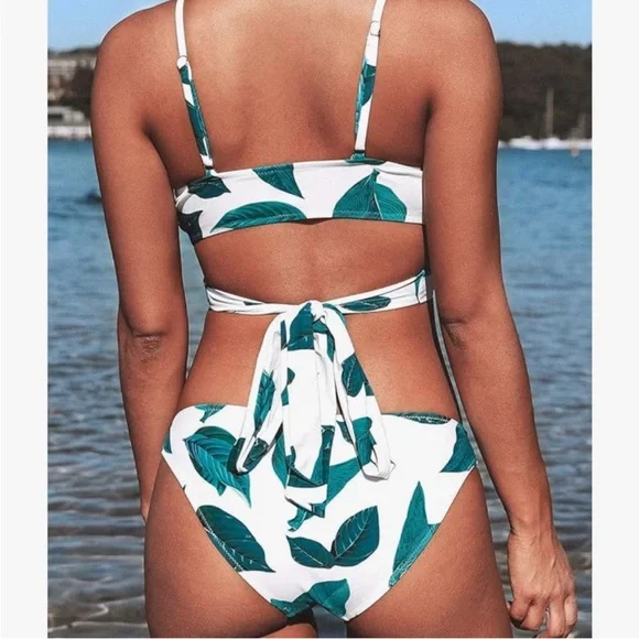 Cupshe Leaf Print Bikini Set - Green and White Medium - Picture 2 of 5